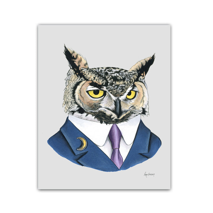 Owl Art Print - Horned Owl Gentleman Owl Art Print - Horned Owl Gentleman